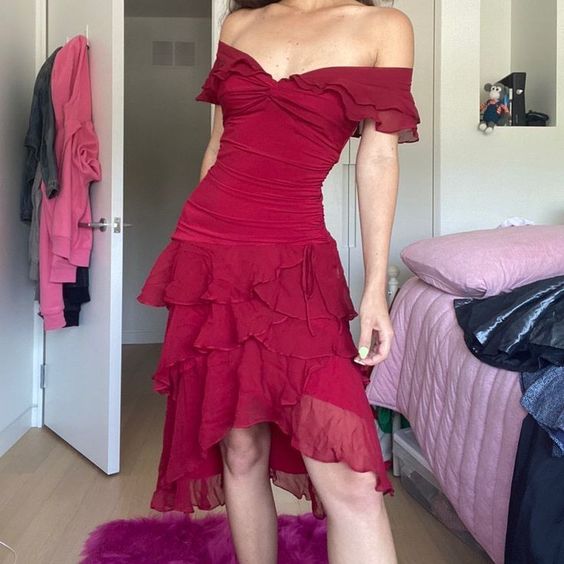 20th Birthday High Low Off The Shoulder Burgundy Chiffon Homecoming Dresses Short Party Dress C2917