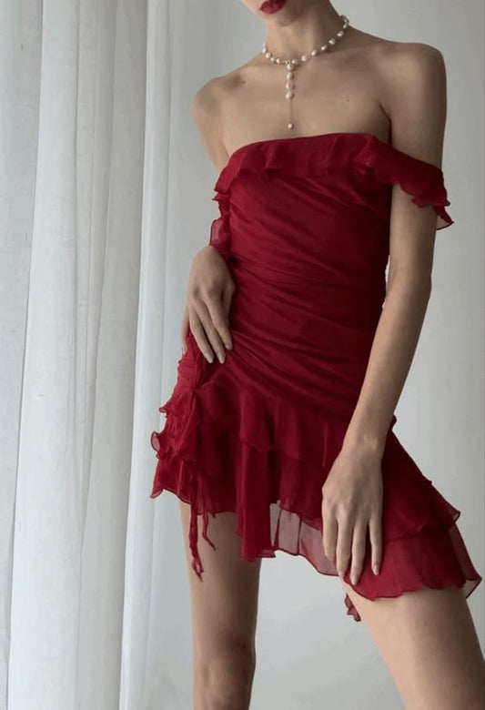 20th Birthday High Low Off The Shoulder Burgundy Chiffon Homecoming Dresses Short Party Dress C2918