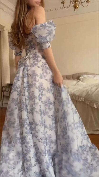 Fancy High Low Sweetheart Short Sleeves Floral Prom Dresses Evening Dress With Ruffles C2967