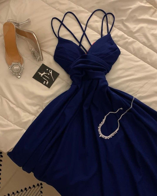 18th Birthday A line Spaghetti Straps Royal Blue Homecoming Dresses Knee Length Party Dress C2970