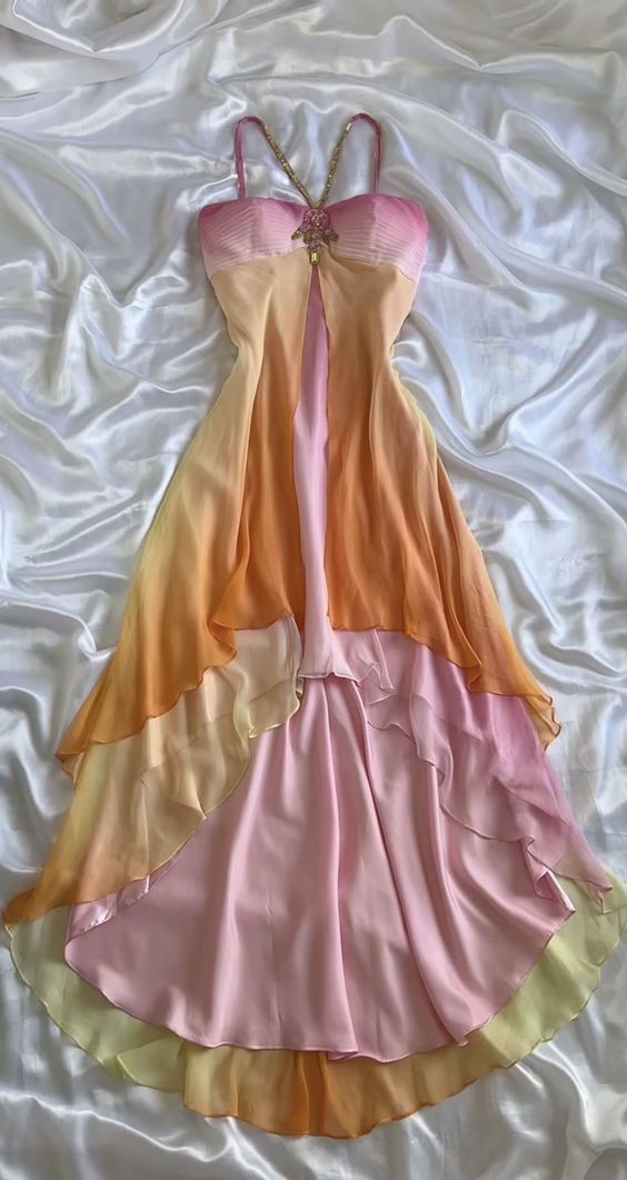 Elegant High Low Spaghetti Straps Ombre Chiffon Long Prom Dress C3018