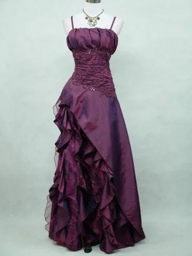 Vintage High Low Spaghetti Straps Grape Taffeta Long Prom Dresses Evening Gowns C3047