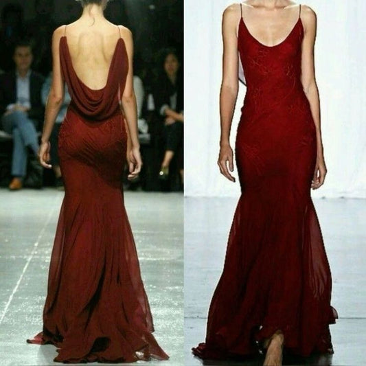 Vintage Mermaid Spaghetti Straps Burgundy Floor Length Prom Dresses Evening Dress C3094