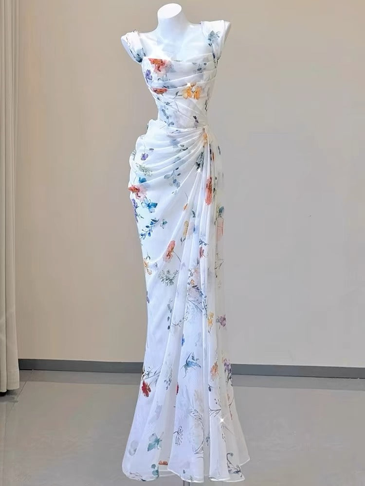 Vintage Sheath Square Neckline Long Prom Dresses White Floral Evening Dress With Ruffles C3115