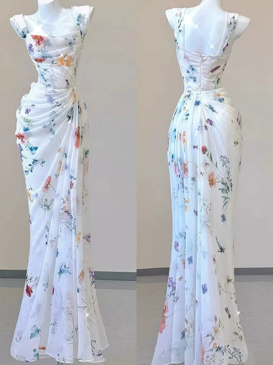 Vintage Sheath Square Neckline Long Prom Dresses White Floral Evening Dress With Ruffles C3115