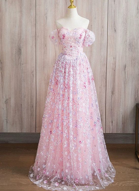 Elegant A line Off The Shoulder Short Sleeves Floral Pink Tulle Party Dress Prom Dresses Evening Dress C3206