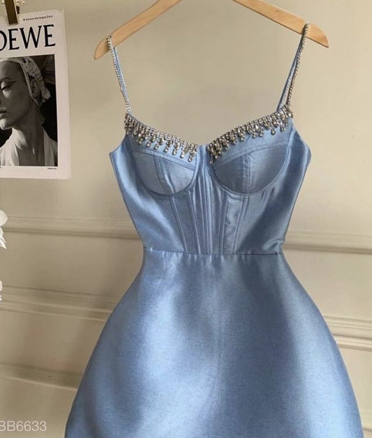 16th Birthday A Line Spaghetti Straps Blue Homecoming Dresses Short Mini Birthday Dress C3404