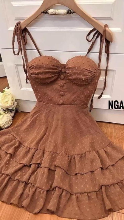 18th Birthday A Line Spaghetti Straps Brown Ruffles Homecoming Dresses Short Mini Birthday Dress C3420