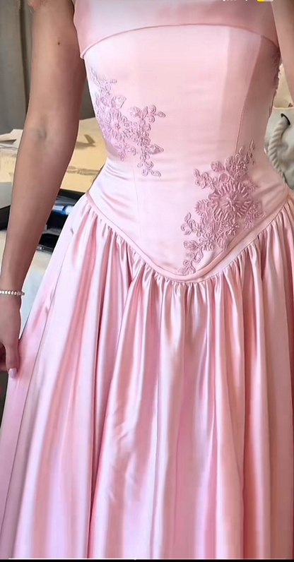 Elegant A Line Straps Pink Satin Long Length Prom Dresses Birthday Outfits C3553