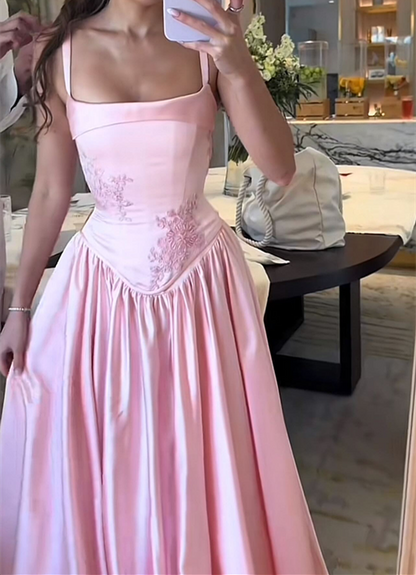 Elegant A Line Straps Pink Satin Long Length Prom Dresses Birthday Outfits C3553