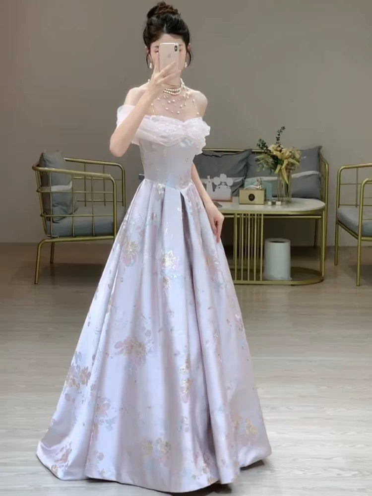 Elegant A line Off The Shoulder Satin Floral  Evening Dress Long Prom Dresses C3576