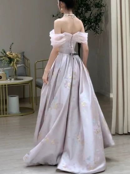 Elegant A line Off The Shoulder Satin Floral  Evening Dress Long Prom Dresses C3576