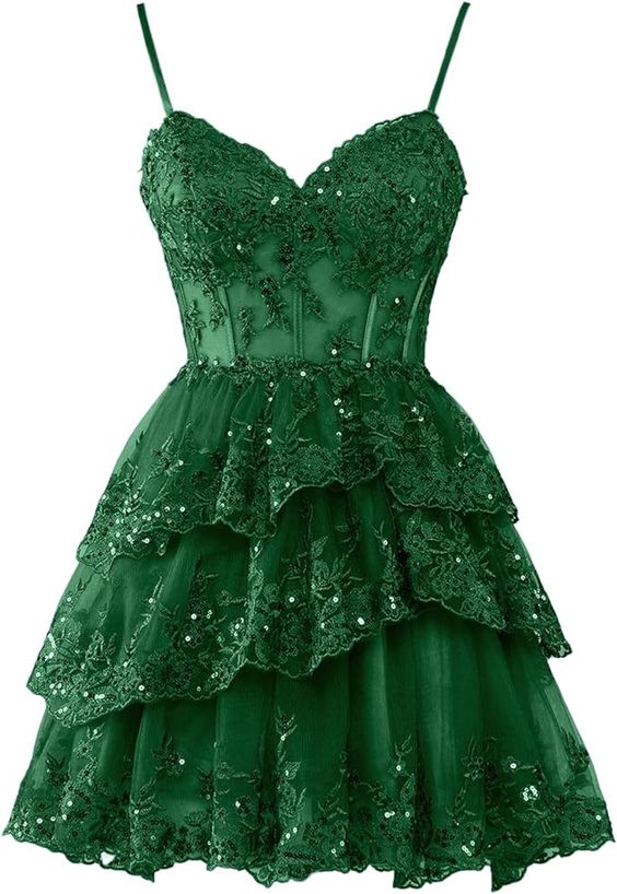 Short Sparkly Lace Corset Layered Spaghetti Straps Tulle Tiered Homecoming Dress C363