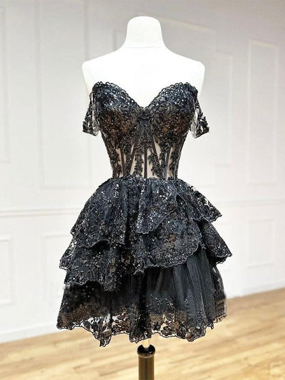 A-Line Sequin Tulle Short Prom Dress Black Homecoming Dress C366