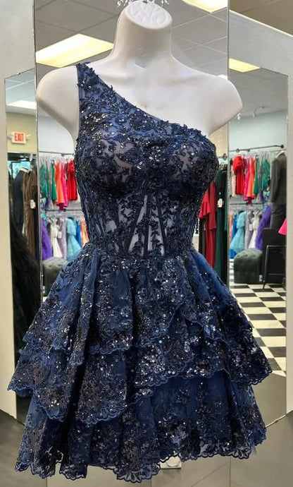 Navy Blue One Shoulder Homecoming Dress with Sheer Corset Bodice and Ruffled Skirt C369