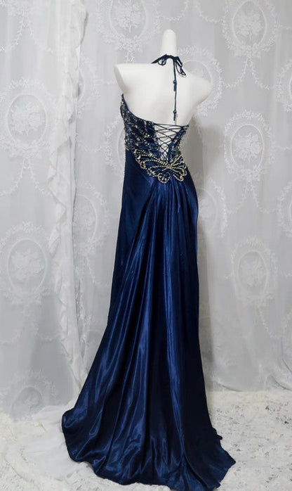 Pretty A Line Halter Sleeveless Navy Blue Slit Beads Long Prom Dress Evening Dresses C3729