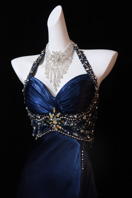 Pretty A Line Halter Sleeveless Navy Blue Slit Beads Long Prom Dress Evening Dresses C3729