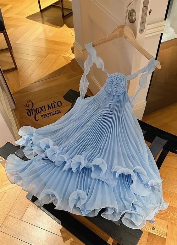 Chic A Line Halter Blue Chiffon Short Homecoming Dress 18th Birthday Outfits C3734