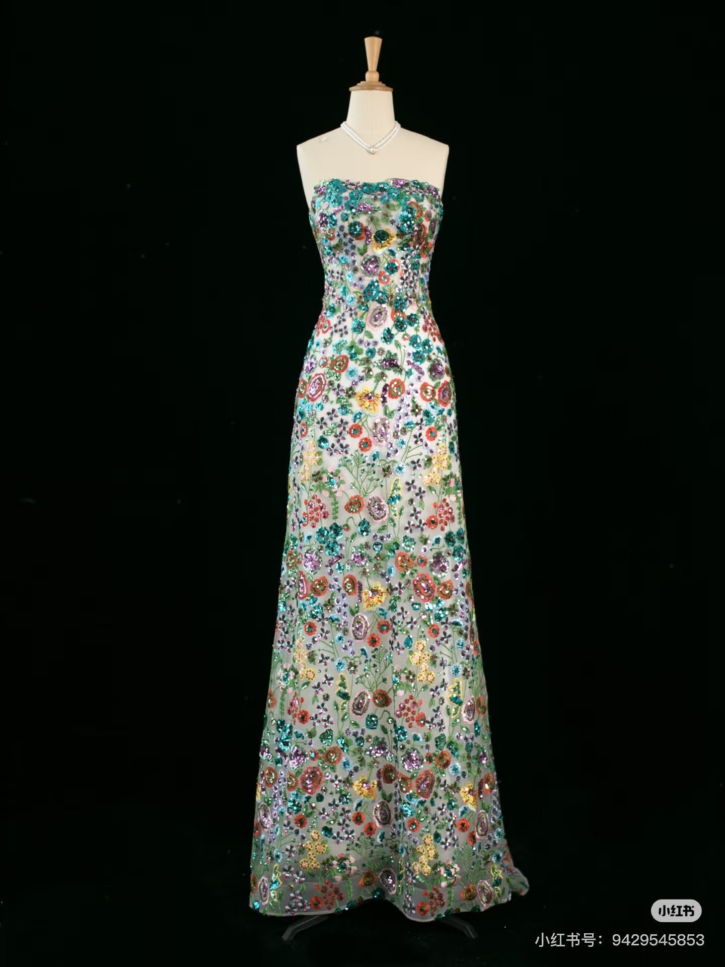 Vintage A Line Strapless Sequin Floral Long Prom Dresses Evening Dress C3756