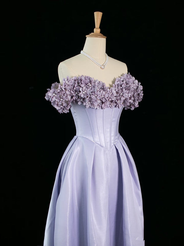 Pretty A Line Off The Shoulder Lilac Long Floral Prom Dresses Party Evening Dress C3759