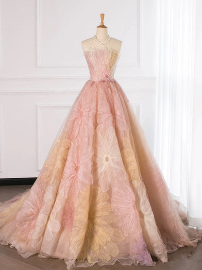 Pretty Ball Gown Sweetheart Floral Tulle Long Prom Dresses Party Gown Evening Dress C3770