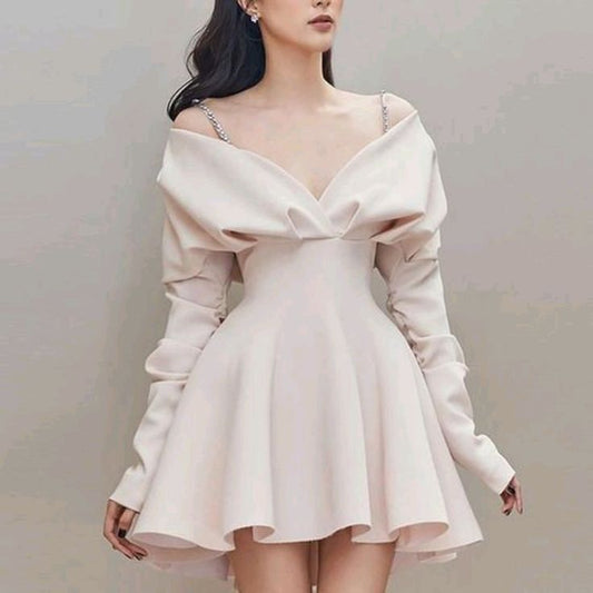 Gorgeous A line Off The Shoulder Satin Long Sleeves Homecoming Dress C387