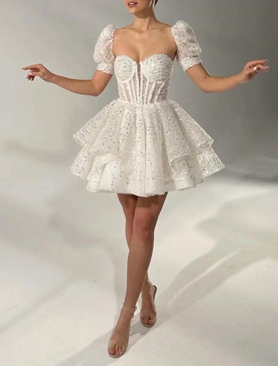 A-Line White Sheer Corset Short Sequin Homecoming Dress C394