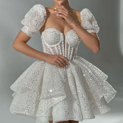 A-Line White Sheer Corset Short Sequin Homecoming Dress C394