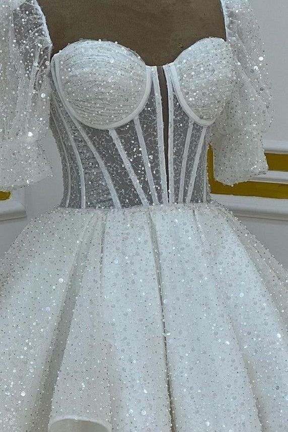 Sweetheart Sequin Short Homecoming Dress with Puff Sleeves C395