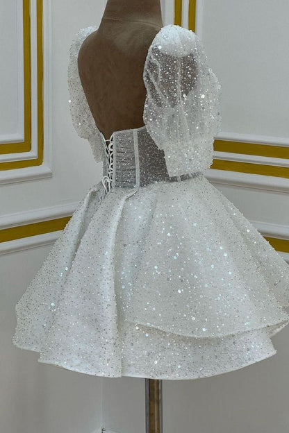 Sweetheart Sequin Short Homecoming Dress with Puff Sleeves C395