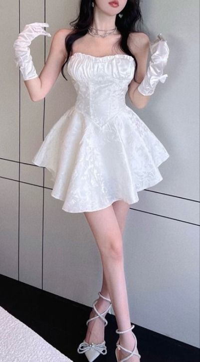 Sexy A line Strapless Short White Lace Homecoming Dress C398