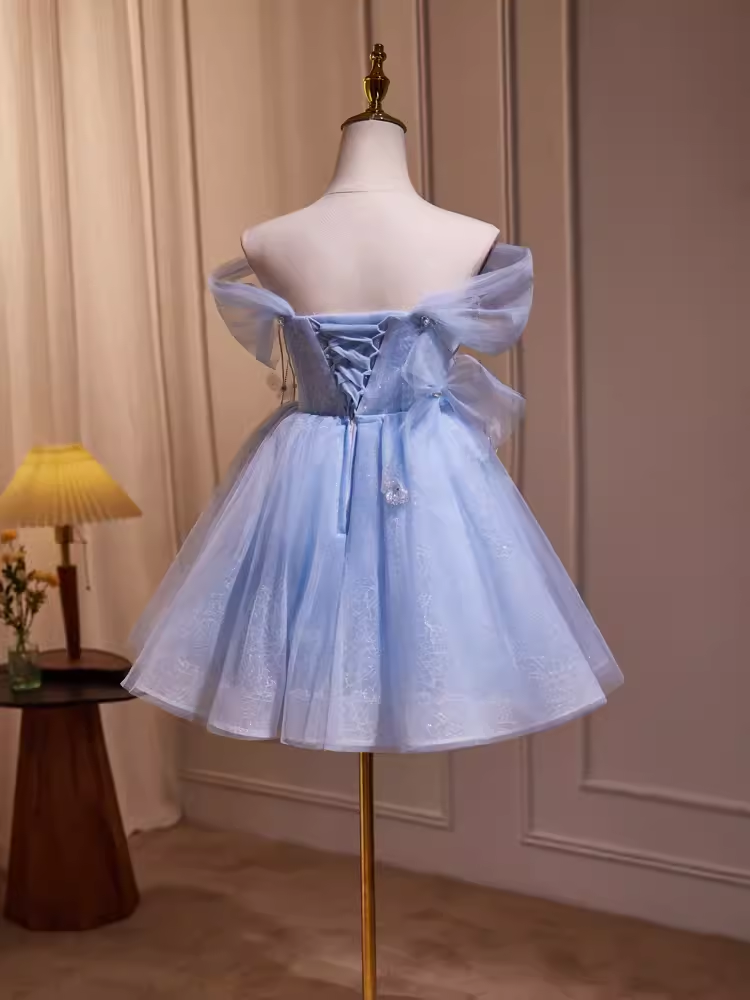 Elegant Ball Gown Off The Shoulder Tulle Party Dress Blue Homecoming Dresses C430