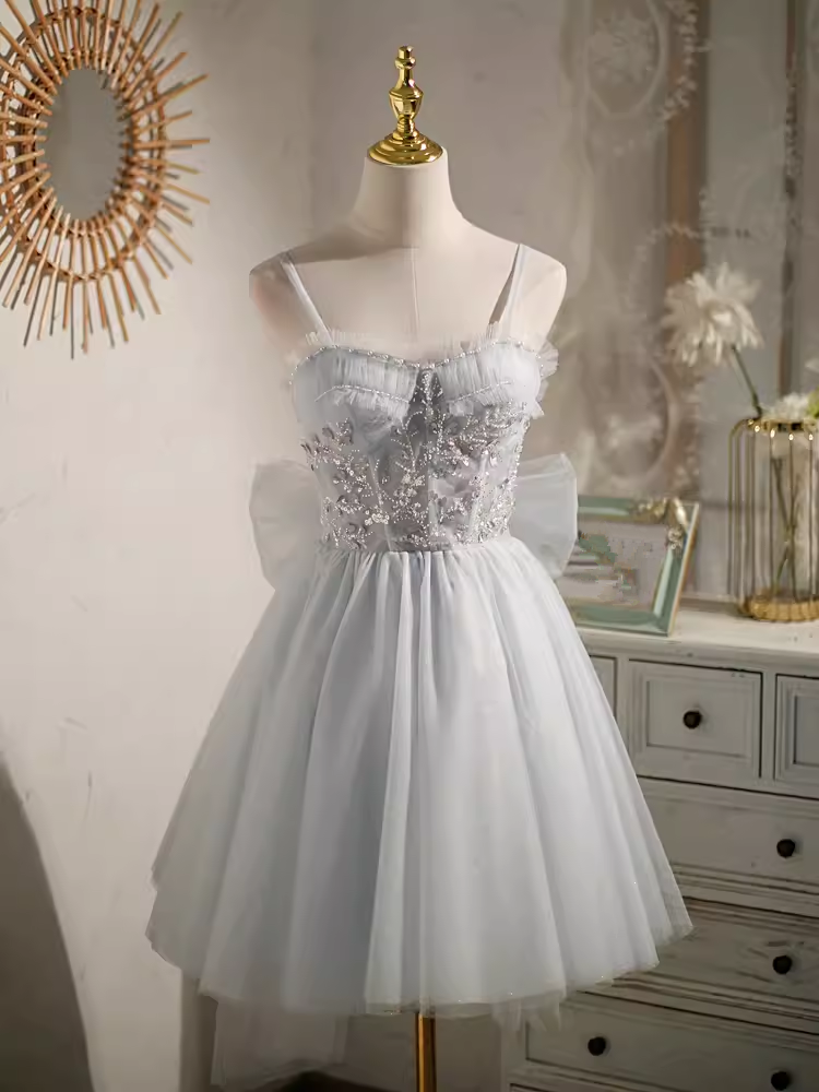 Elegant Ball Gown Straps Tulle Party Dress Gray Homecoming Dresses C433