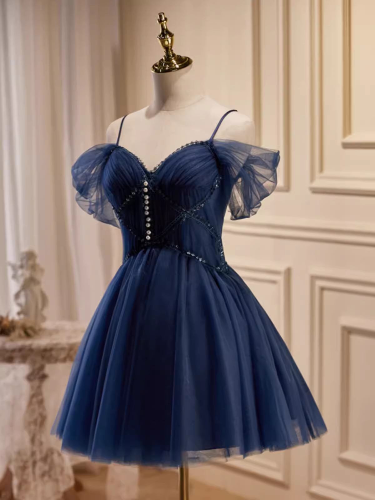 Elegant Ball Gown Straps Tulle Party Dress Navy Blue Homecoming Dresses C443