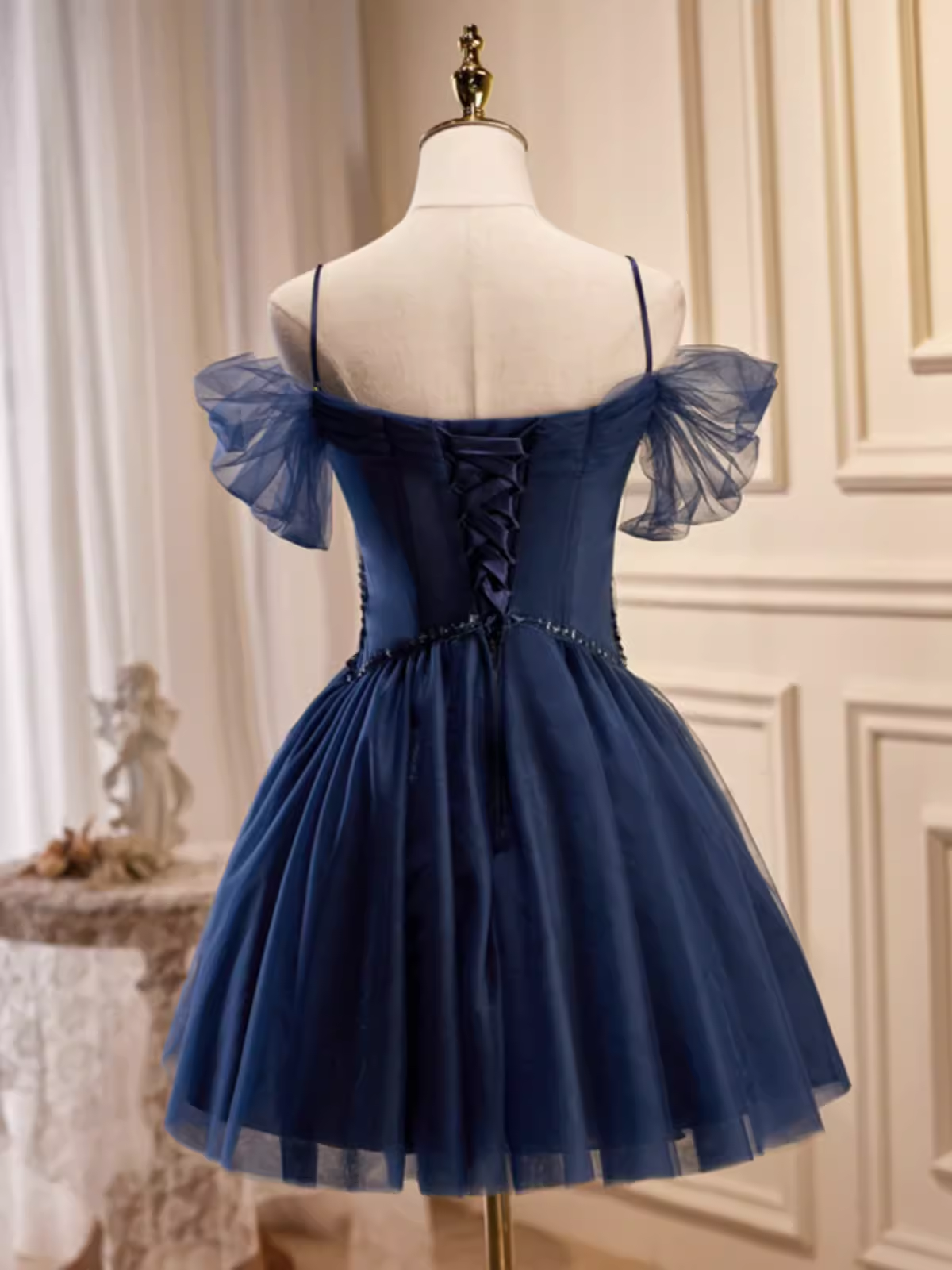 Elegant Ball Gown Straps Tulle Party Dress Navy Blue Homecoming Dresses C443