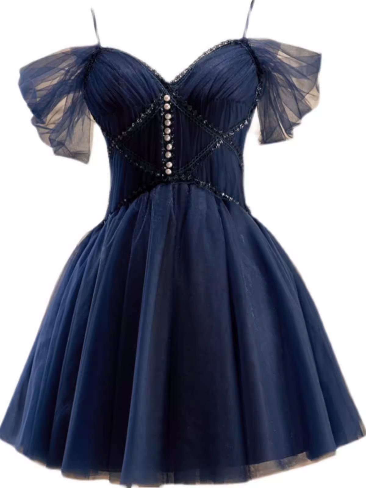 Elegant Ball Gown Straps Tulle Party Dress Navy Blue Homecoming Dresses C443