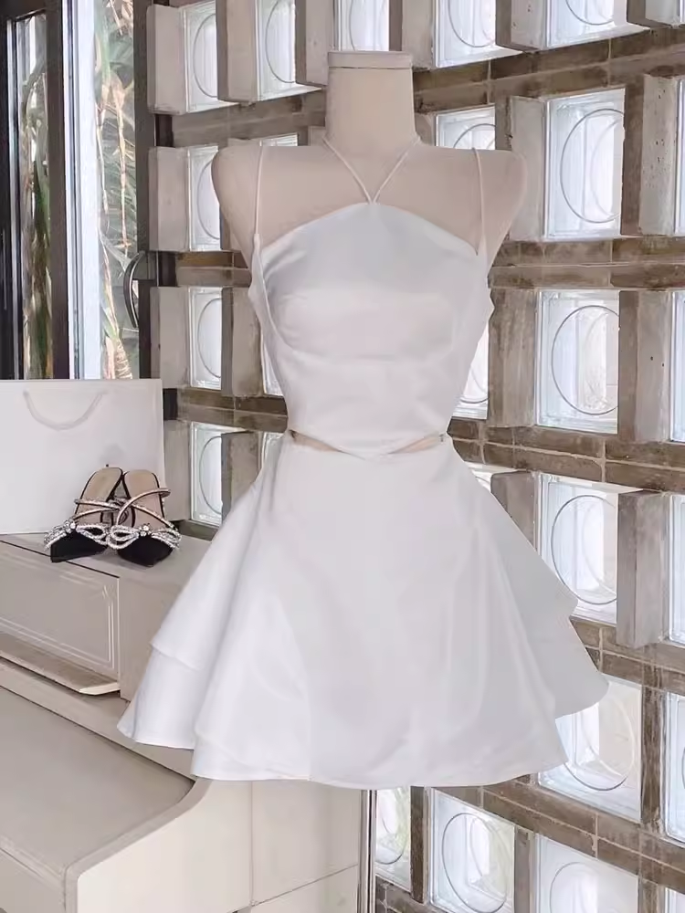 Simple A Line Spaghetti Straps Short Birthday Dress White Homecoming Dresses C469