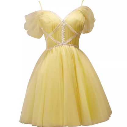 Elegant A Line Yellow Birthday Outfits Tulle Short Sleeves Homecoming Dresses C546