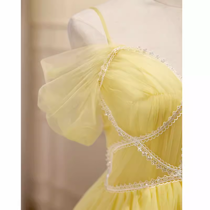 Elegant A Line Yellow Birthday Outfits Tulle Short Sleeves Homecoming Dresses C546