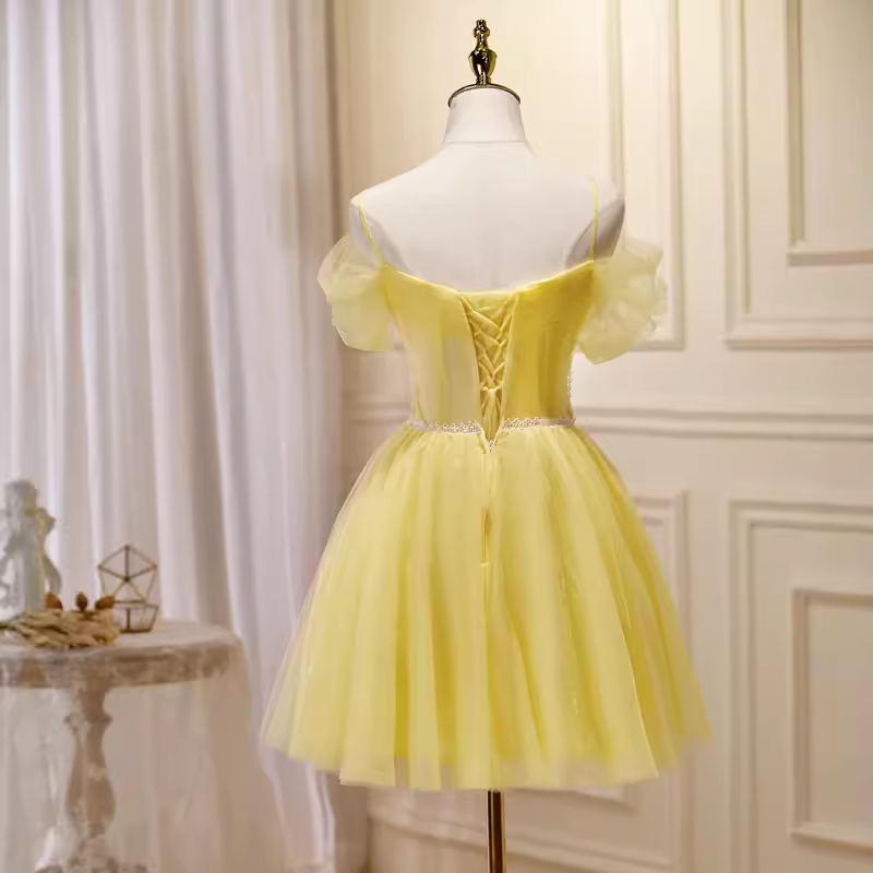 Elegant A Line Yellow Birthday Outfits Tulle Short Sleeves Homecoming Dresses C546