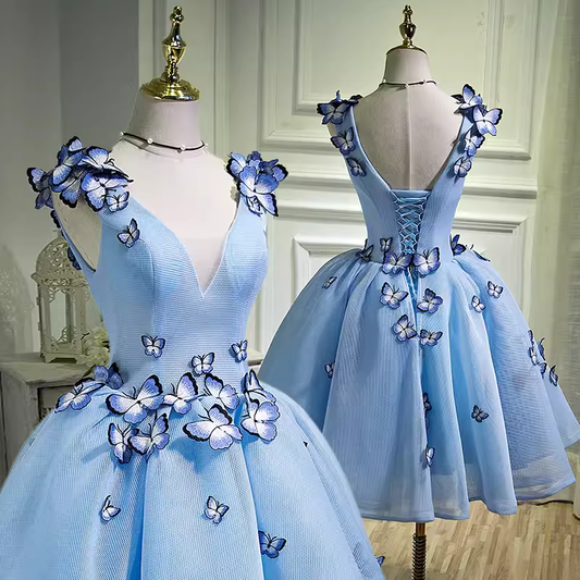 Elegant Ball Gown Blue Birthday Outfits Tulle Homecoming Dresses With Butterfly C548