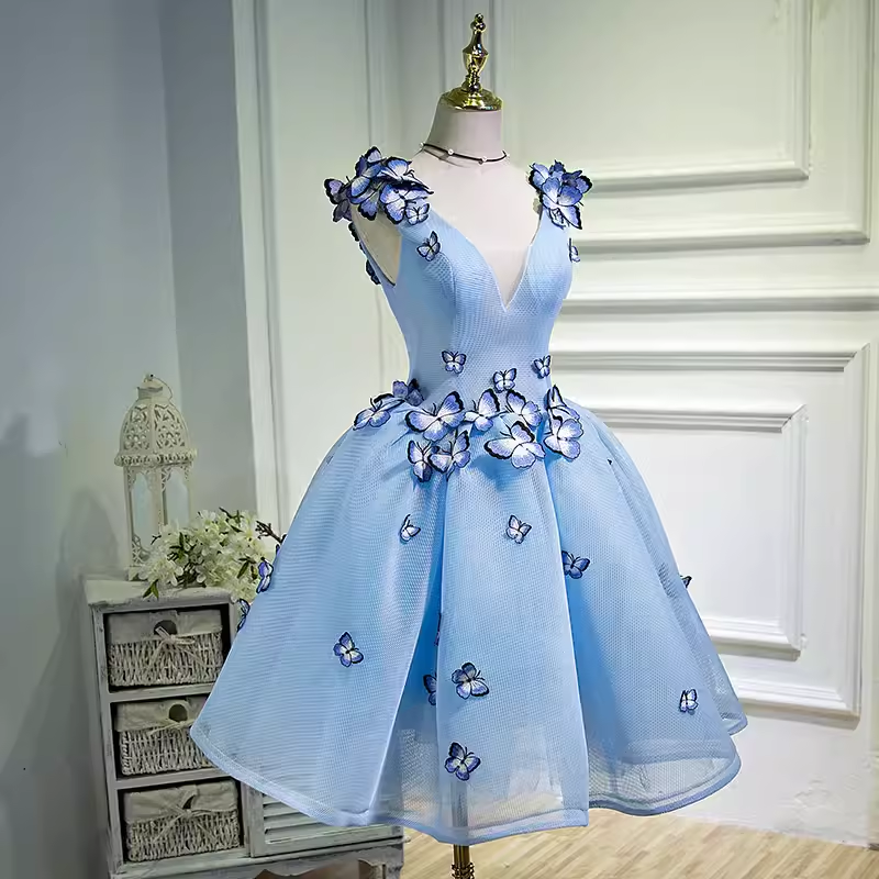 Elegant Ball Gown Blue Birthday Outfits Tulle Homecoming Dresses With Butterfly C548