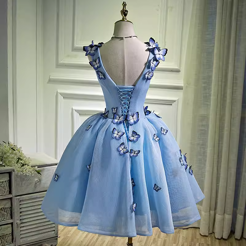 Elegant Ball Gown Blue Birthday Outfits Tulle Homecoming Dresses With Butterfly C548