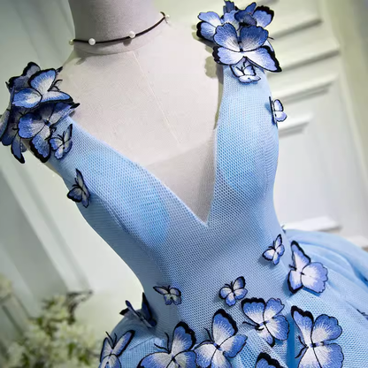 Elegant Ball Gown Blue Birthday Outfits Tulle Homecoming Dresses With Butterfly C548