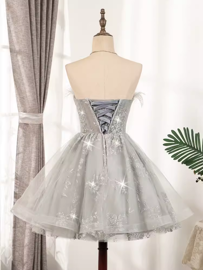 Elegant Ball Gown Strapless Gray Birthday Outfits Tulle Homecoming Dresses C550