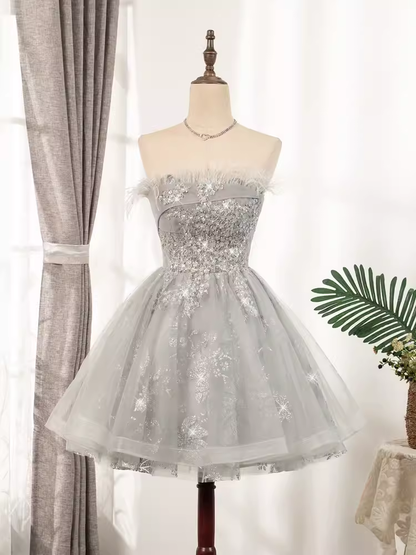 Elegant Ball Gown Strapless Gray Birthday Outfits Tulle Homecoming Dresses C550