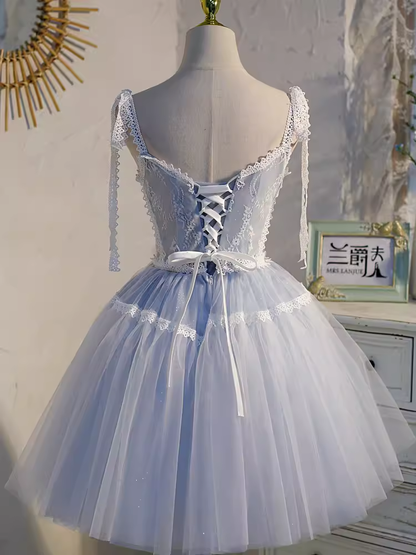 Cute Ball Gown Straps Gray Birthday Outfits Tulle Homecoming Dresses C551