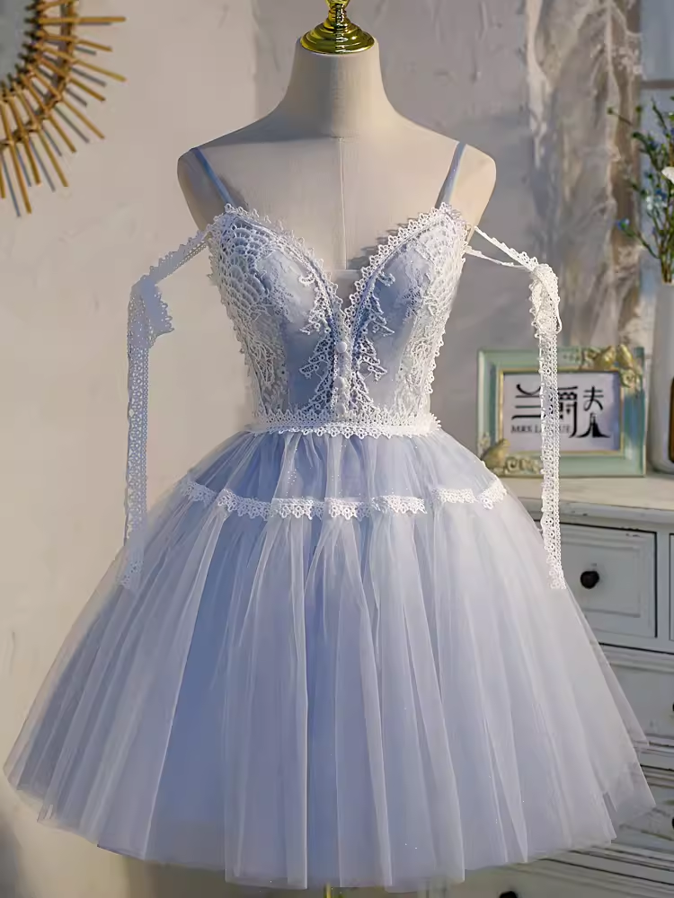 Cute Ball Gown Straps Gray Birthday Outfits Tulle Homecoming Dresses C551