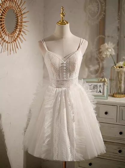 Cute Ball Gown Straps White Birthday Outfits Tulle Lace Homecoming Dresses C552