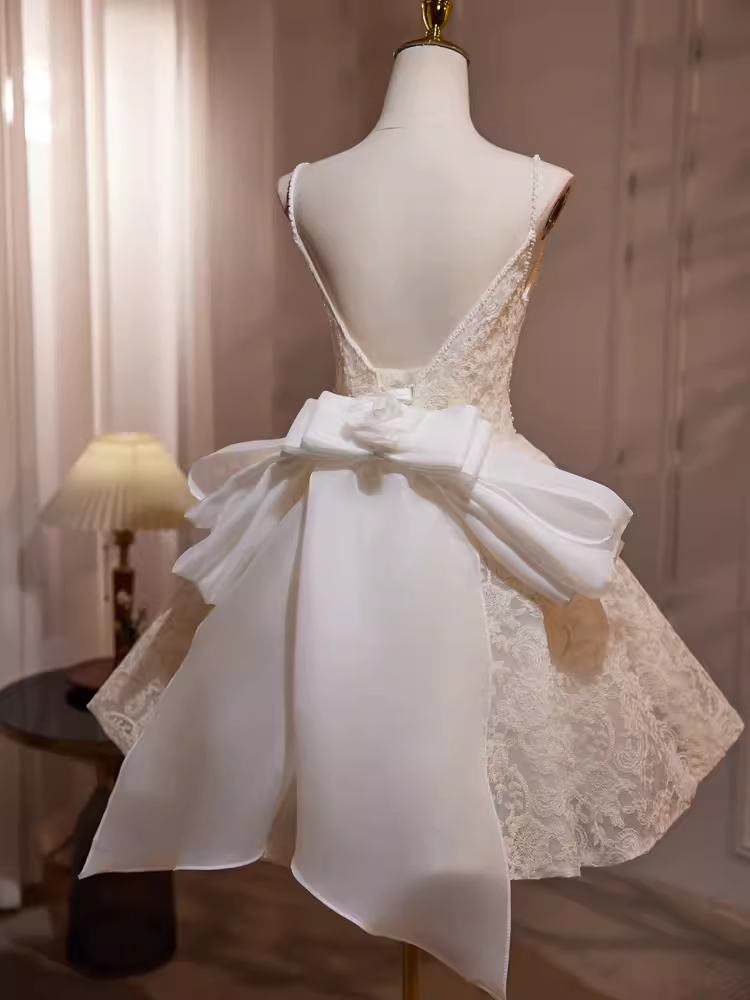 Simple A line Short Birthday Dress Lace White Homecoming Dresses With Bowknot C554